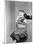 Monkey in Clothing Holds Phone Receiver-null-Mounted Premium Photographic Print