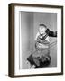 Monkey in Clothing Holds Phone Receiver-null-Framed Photographic Print