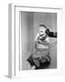 Monkey in Clothing Holds Phone Receiver-null-Framed Photographic Print
