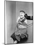 Monkey in Clothing Holds Phone Receiver-null-Mounted Photographic Print