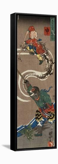 Monkey: Songoku (Sun Wu K'Ung) King of the Monkeys Conjuring an Army of Monkeys from the Air to…-Kuniyoshi Utagawa-Framed Stretched Canvas