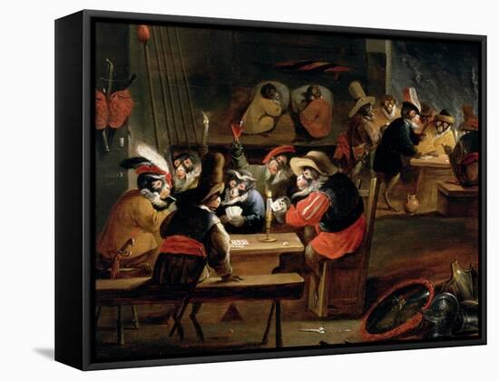 Monkeys in a Tavern, Detail of the Card Game-Ferdinand van Kessel-Framed Stretched Canvas