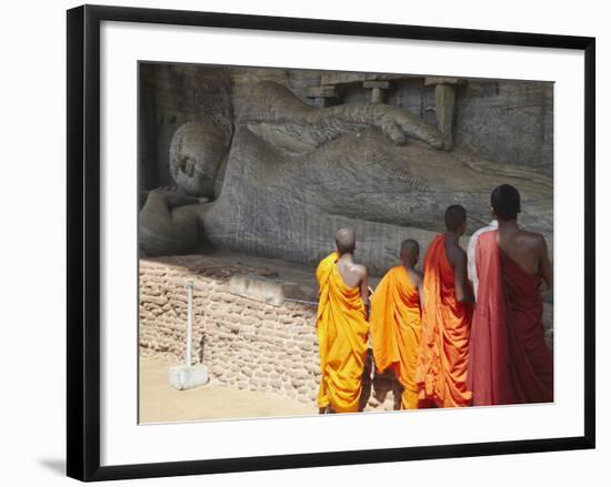 Monks at Reclining Buddha Statue, Gal Vihara, Polonnaruwa, UNESCO World Heritage Site, Sri Lanka-Ian Trower-Framed Photographic Print