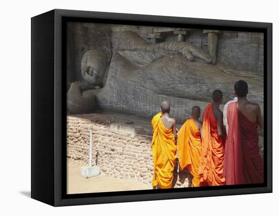 Monks at Reclining Buddha Statue, Gal Vihara, Polonnaruwa, UNESCO World Heritage Site, Sri Lanka-Ian Trower-Framed Stretched Canvas