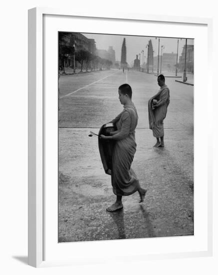 Monks Begging For Food at Dawn on Main Thoroughfare of Bangkok-Howard Sochurek-Framed Photographic Print