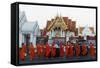 Monks Collecting Morning Alms, the Marble Temple (Wat Benchamabophit), Bangkok, Thailand-Christian Kober-Framed Stretched Canvas