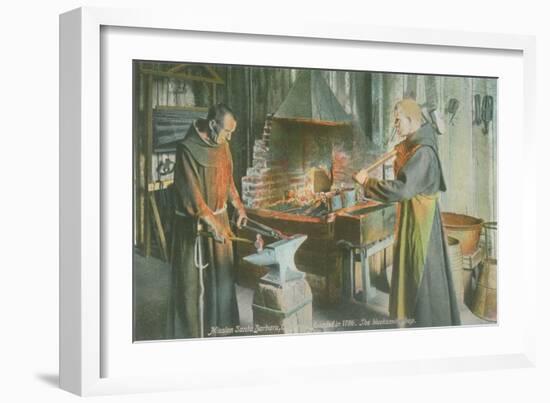 Monks in Blacksmith Shop, Santa Barbara Mission, California-null-Framed Art Print