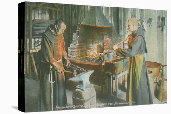 Monks in Blacksmith Shop, Santa Barbara Mission, California-null-Stretched Canvas