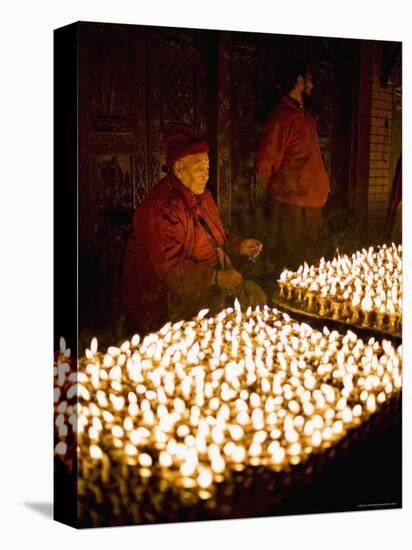Monks Light Butter Lamps on an Auspicious Night, Boudha Stupa, Bodhnath, Kathmandu, Nepal-Don Smith-Stretched Canvas