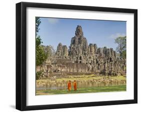 Monks Looking at Bayon Temple, Angkor, Siem Reap, Cambodia-null-Framed Photographic Print