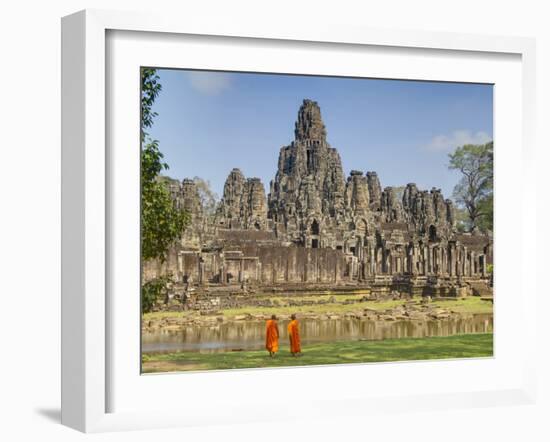 Monks Looking at Bayon Temple, Angkor, Siem Reap, Cambodia-null-Framed Photographic Print