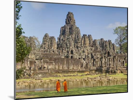 Monks Looking at Bayon Temple, Angkor, Siem Reap, Cambodia-null-Mounted Photographic Print