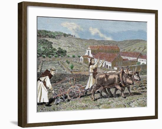 Monks Plowing the Land with Oxen, Germany (1872)-Prisma Archivo-Framed Photographic Print