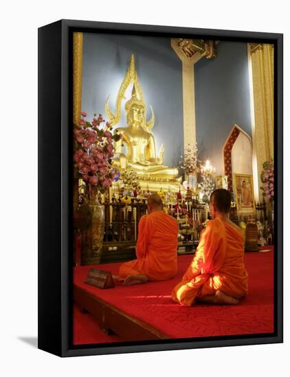 Monks Praying and Giant Golden Statue of the Buddha, Wat Benchamabophit, Bangkok, Southeast Asia-Angelo Cavalli-Framed Stretched Canvas