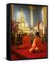 Monks Praying and Giant Golden Statue of the Buddha, Wat Benchamabophit, Bangkok, Southeast Asia-Angelo Cavalli-Framed Stretched Canvas