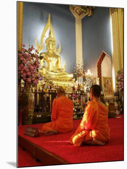 Monks Praying and Giant Golden Statue of the Buddha, Wat Benchamabophit, Bangkok, Southeast Asia-Angelo Cavalli-Mounted Photographic Print