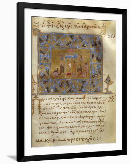 Monks Praying in Church, Miniature from Byzantine Manuscript, Greek Code 418 Folio 269-null-Framed Premium Giclee Print