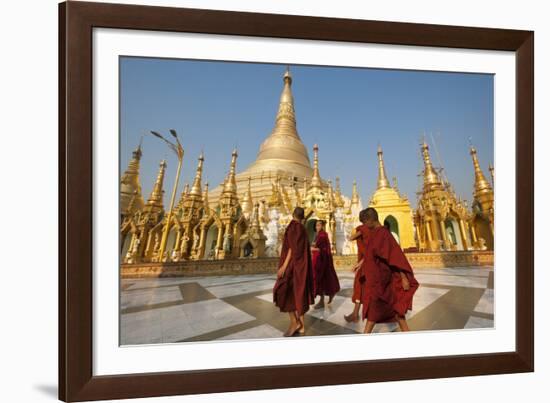 Monks walk around Shwedagon Pagoda, Yangon (Rangoon), Myanmar (Burma), Asia-Alex Treadway-Framed Photographic Print