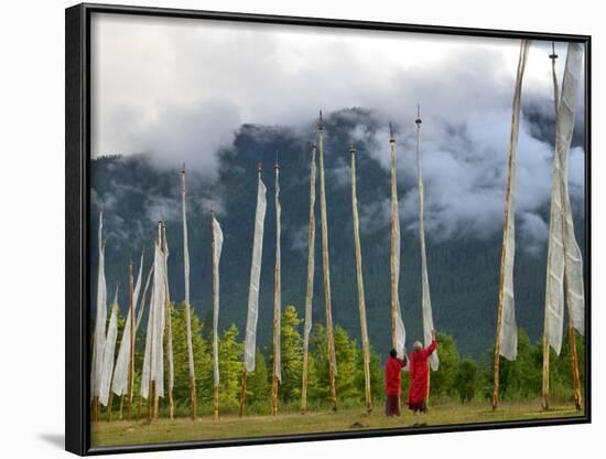 Monks with Praying Flags, Phobjikha Valley, Gangtey Village, Bhutan-Keren Su-Framed Photographic Print