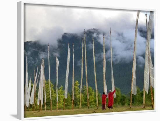 Monks with Praying Flags, Phobjikha Valley, Gangtey Village, Bhutan-Keren Su-Framed Photographic Print