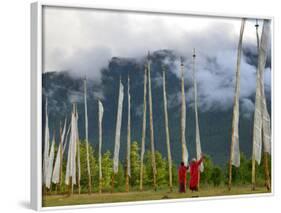 Monks with Praying Flags, Phobjikha Valley, Gangtey Village, Bhutan-Keren Su-Framed Photographic Print