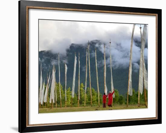 Monks with Praying Flags, Phobjikha Valley, Gangtey Village, Bhutan-Keren Su-Framed Photographic Print