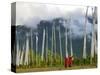 Monks with Praying Flags, Phobjikha Valley, Gangtey Village, Bhutan-Keren Su-Stretched Canvas