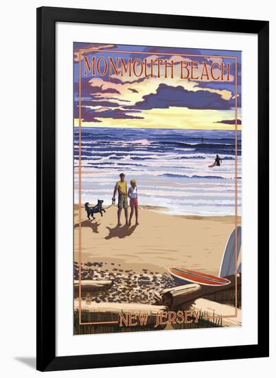 Monmouth Beach, New Jersey - Beach Walk and Surfers-Lantern Press-Framed Art Print