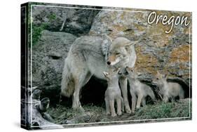 Monmouth, Oregon - Wolf and Pups-Lantern Press-Stretched Canvas