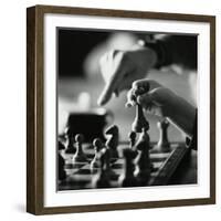 Monochromatic Image of an Adult and Child Playing Chess-null-Framed Photographic Print