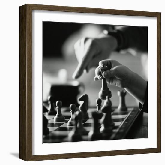 Monochromatic Image of an Adult and Child Playing Chess-null-Framed Photographic Print