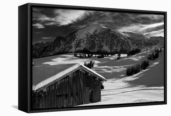 Monochrome Image of an Alpine Mountain Cabin in a Winter Landsca-Sabine Jacobs-Framed Stretched Canvas