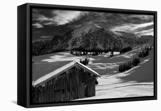 Monochrome Image of an Alpine Mountain Cabin in a Winter Landsca-Sabine Jacobs-Framed Stretched Canvas