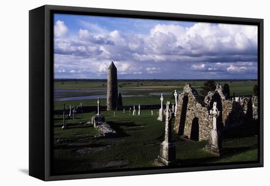 Monolithic High Crosses and O'Rourke's Tower in Monastic Complex on Banks of River Shannon-null-Framed Stretched Canvas