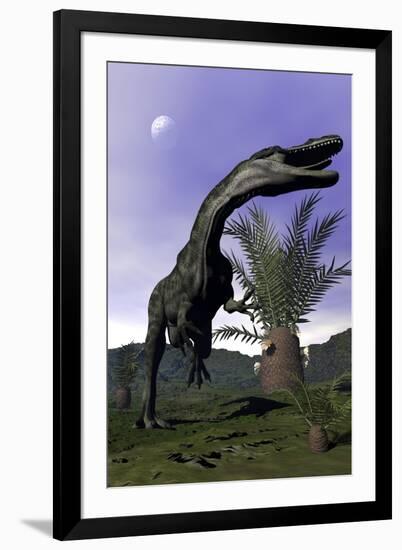 Monolophosaurus Dinosaur Roaring Next to Cycadeoidea Plant-Stocktrek Images-Framed Art Print