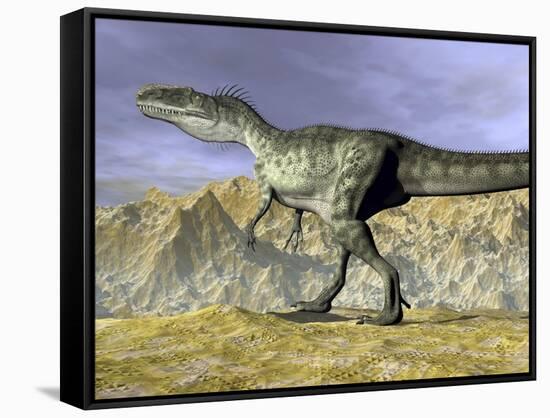 Monolophosaurus Dinosaur Walking on Rocky Terrain Near Mountain-null-Framed Stretched Canvas