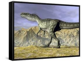 Monolophosaurus Dinosaur Walking on Rocky Terrain Near Mountain-null-Framed Stretched Canvas