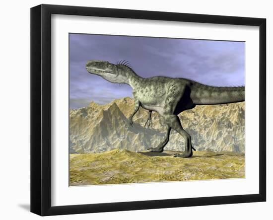 Monolophosaurus Dinosaur Walking on Rocky Terrain Near Mountain-null-Framed Art Print