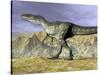 Monolophosaurus Dinosaur Walking on Rocky Terrain Near Mountain-null-Stretched Canvas