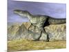 Monolophosaurus Dinosaur Walking on Rocky Terrain Near Mountain-null-Mounted Art Print