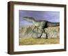 Monolophosaurus Dinosaur Walking on Rocky Terrain Near Mountain-null-Framed Art Print