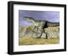 Monolophosaurus Dinosaur Walking on Rocky Terrain Near Mountain-null-Framed Art Print