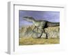 Monolophosaurus Dinosaur Walking on Rocky Terrain Near Mountain-null-Framed Art Print