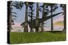 Monolophosaurus Running across a Grassy Field-null-Stretched Canvas