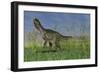 Monolophosaurus Walking across a Grassy Field-null-Framed Art Print