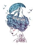 Hand Drawn Color Artwork of a Dreaming Young Beautiful Woman with Ship in Waves of Curly Swirly Sea-Monomoon-Framed Art Print