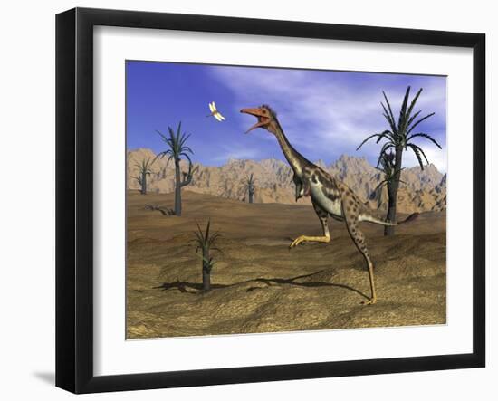 Mononykus Dinosaur Chasing a Dragonfly in the Desert-Stocktrek Images-Framed Art Print