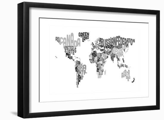 Monotone Text Map of the World-Michael Tompsett-Framed Art Print