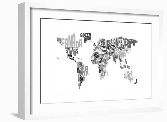 Monotone Text Map of the World-Michael Tompsett-Framed Art Print