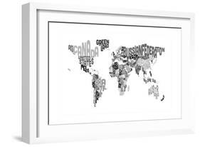 Monotone Text Map of the World-Michael Tompsett-Framed Art Print